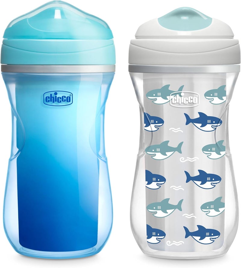 Chicco Double-Wall Insulated Sippy Cup with Bite-Proof Rim Spout and Spill-Free Lid 9oz. | Top-Rack Dishwasher Safe | Easy to Hold Ergonomic Indents | Blue/Sharks, 2pk | 12+ months - Image 1